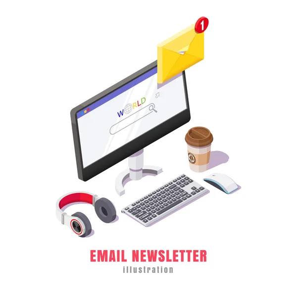 Mail service concept. Email notification, computer with envelope and coffee on desktop, email distribution. Isometric illustration