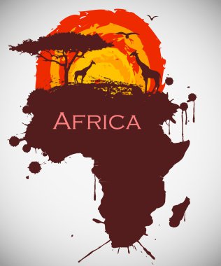 Afrika peyzaj flora ve fauna ile zürafalar günbatımı zamanında. vektör