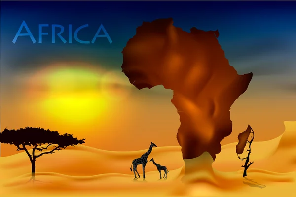 Flora lanskap dan fauna Afrika saat matahari terbenam dengan jerapah. Vektor - Stok Vektor
