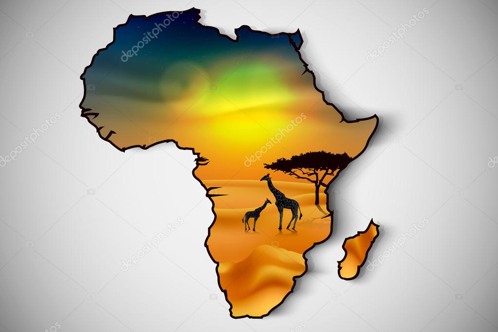 African landscape flora and fauna in sunset time with giraffes. Vector