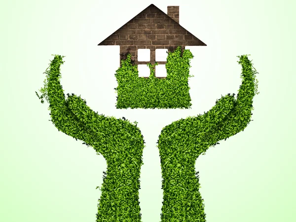 Caring for the environment, arms out of the grass with a green home. The concept of ecology — Stock Vector