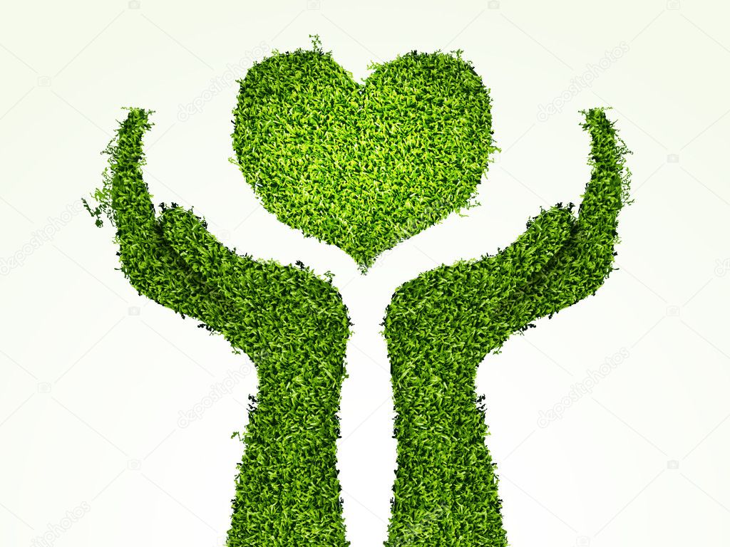 Caring for the environment, arms out of the grass with his heart. The concept of ecology