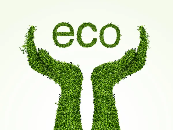 El cuidado ambiental, las manos de la hierba. concepto de ecología — Vector de stock