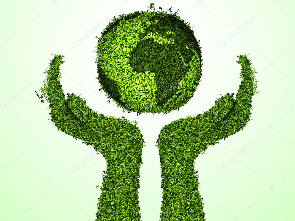 Caring for the environment, arms out of the grass with a green globe. The concept of ecology