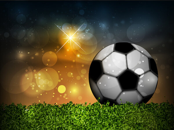 Football ball on the grass on the stadium with lights, vector illustration
