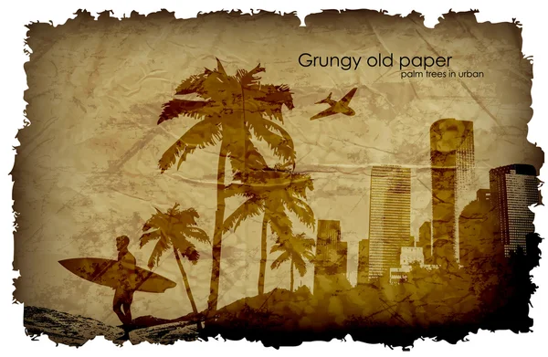 Grungy old paper with palm trees and the urban surfer — Stock Vector