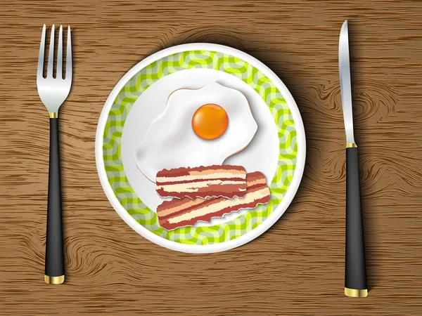 Eieren in een kom met de instrumenten en een kopje koffie op een houten tafel — Stockvector