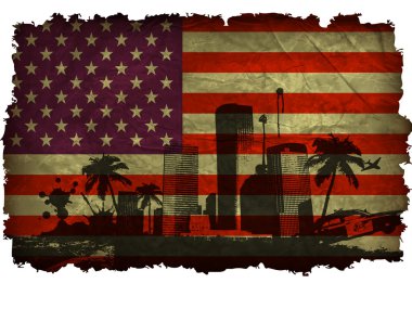 eski bir Amerikan bayrağı üzerinde büyük palmiye ağaçları ile kentsel şehirler