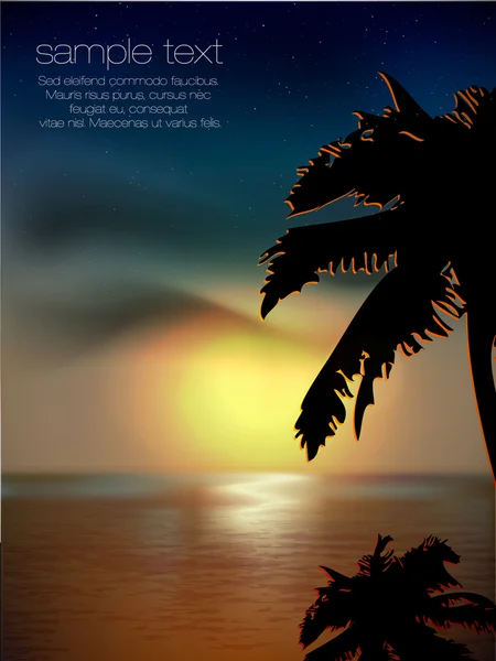 Διάνυσμα ηλιοβασίλεμα στο φόντο την θάλασσα και την παλάμη δένδρων — Διανυσματικό Αρχείο