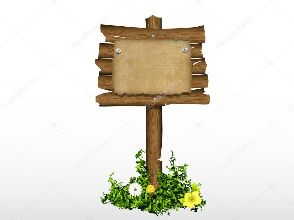 Wooden sign on a grass with mushrooms. vector illustration