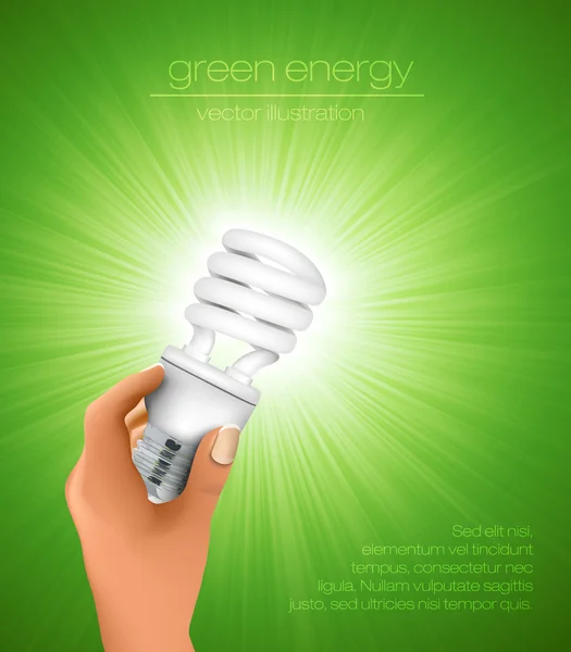 Main tenant ampoule à économie d'énergie avec rayons — Image vectorielle