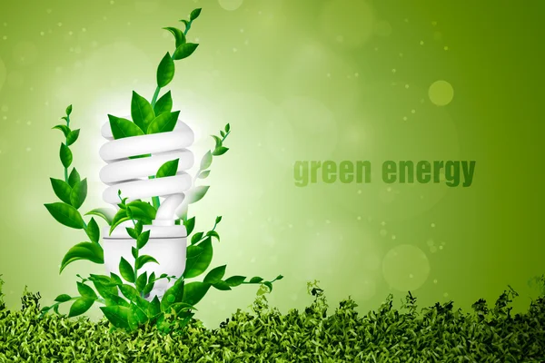 Concept van groene energie, energiebesparende lamp met bladeren — Stockvector