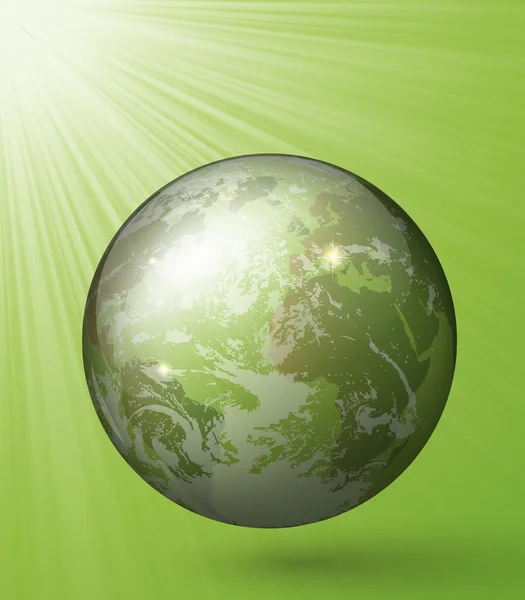 Globe en verre avec des rayons sur un fond vert — Image vectorielle
