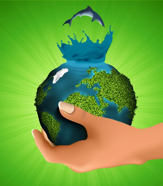 Planeta verde con los animales en la mano. concepto de ecología — Vector de stock