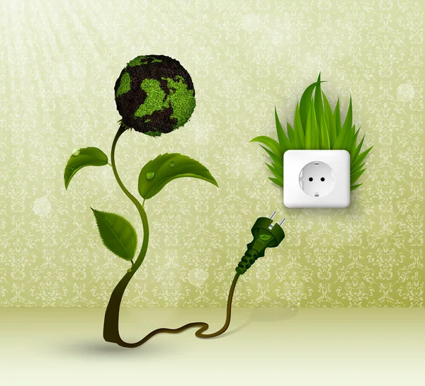 绿草和插座插。清洁能源的概念 — 图库矢量图片
