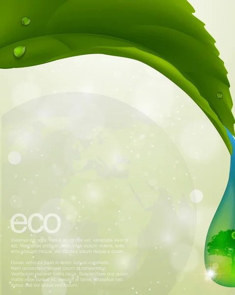 Hoja verde con una gota de flujo. tema ecológico — Vector de stock