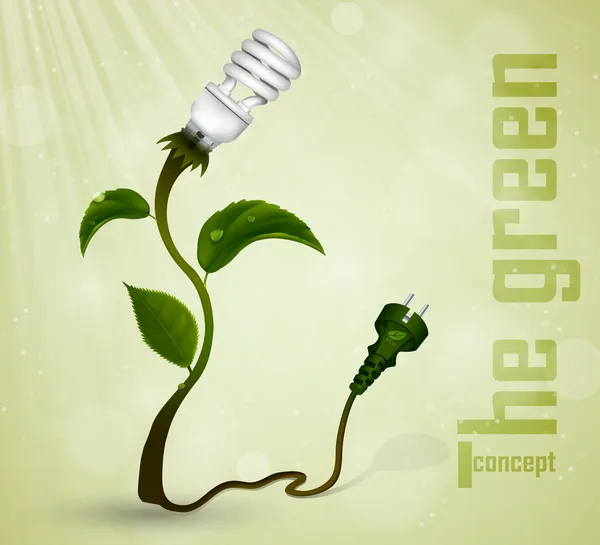 Green plug with energy-saving light bulb and grass. the concept of clean energy — Stock Vector