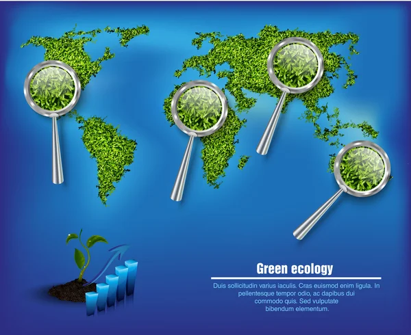 Grüne Landkarte aus dem Gras mit den Ozeanen und Umweltdiagrammen — Stockvektor