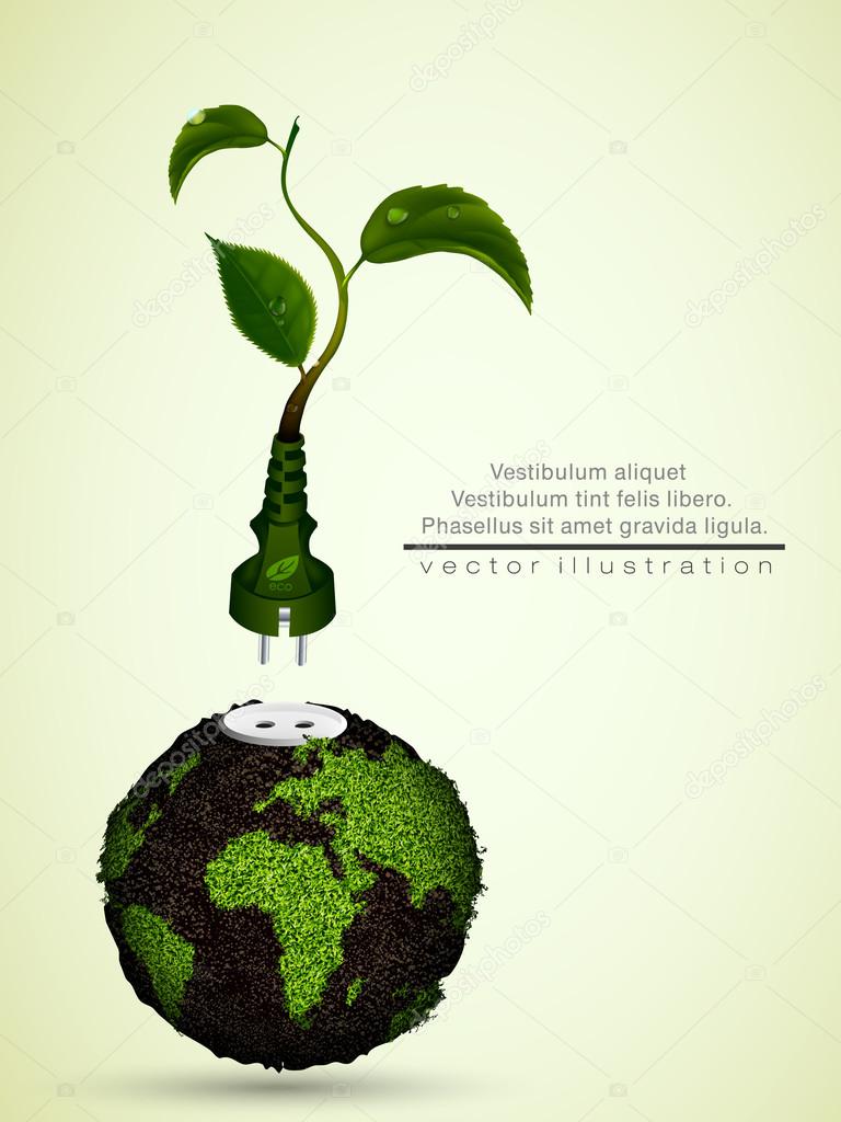 Green plug with leaves and planet. concept of clean energy