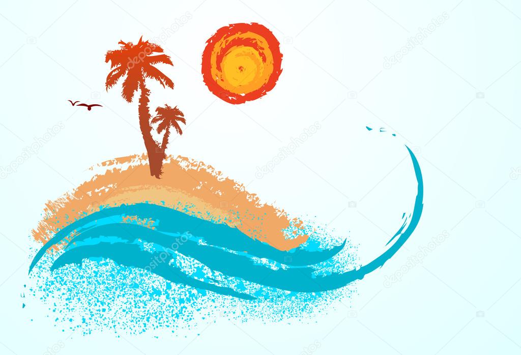 Tropical island with palm tree, waves