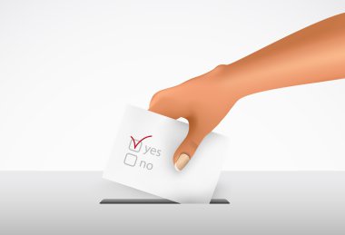 Hand putting a voting ballot in a slot of box. clipart