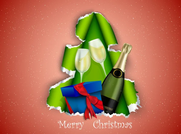 Cadeau en champagne op de kerstboom — Stockvector