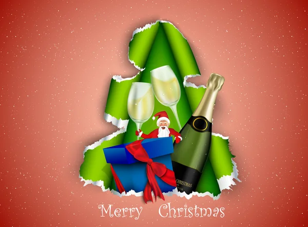 Weihnachtsmann mit Geschenk und Champagner am Weihnachtsbaum — Stockvektor