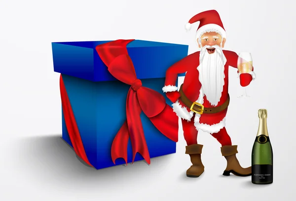 Santa claus met cadeau en champagne — Stockvector