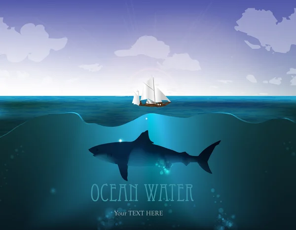 Agua del océano con un yate y un tiburón — Vector de stock