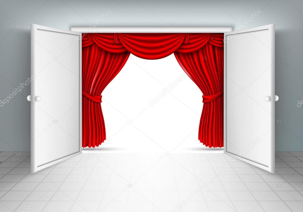 Red silk curtains and open door
