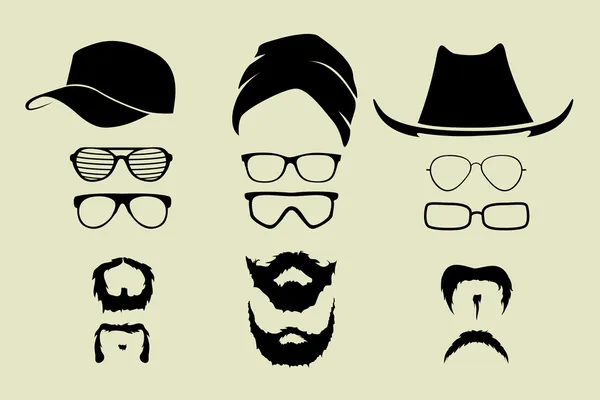 Conjunto de óculos e chapéus bigode — Vetor de Stock