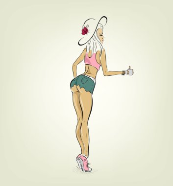 şapka parmak bir asansör ile seksi kız