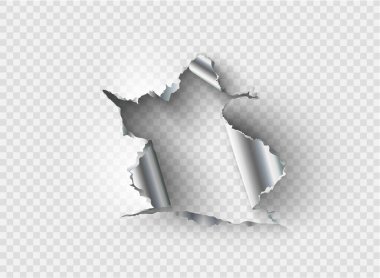 düzensiz deliğe şeffaf arka plan üzerinde yırtık metal yırtılmış