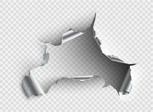 Ragged Hole torn in ripped metal on transparent background — Stock Vector