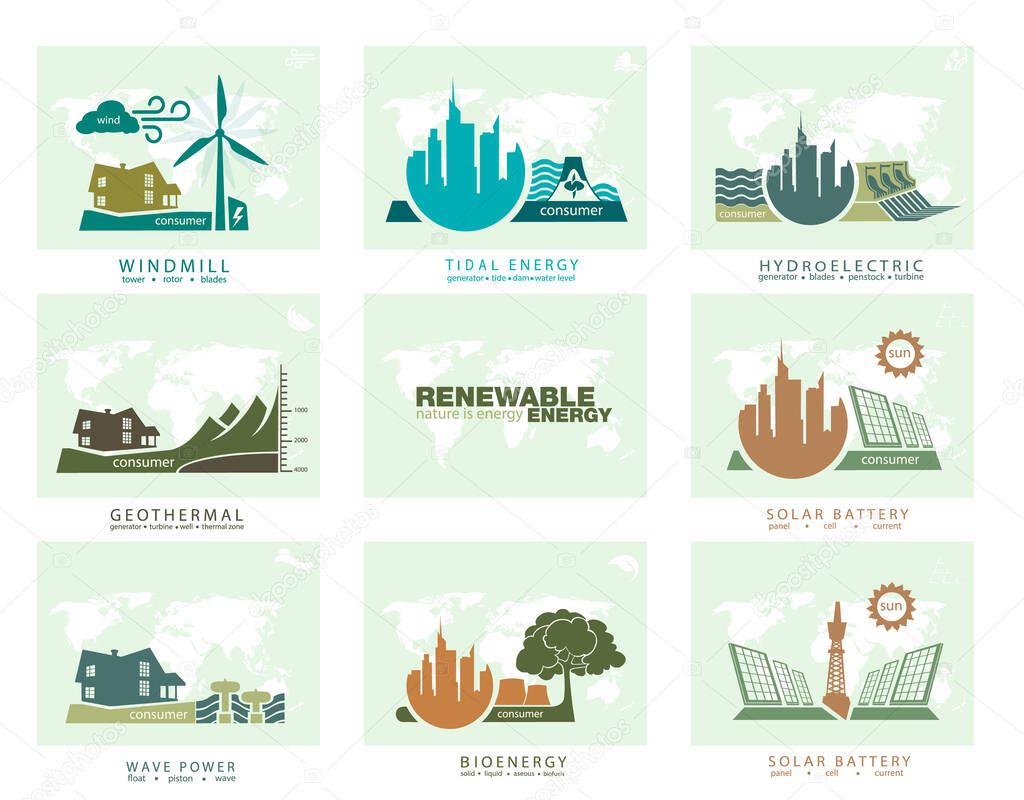 infographics renewable energy earth sun, wind and water