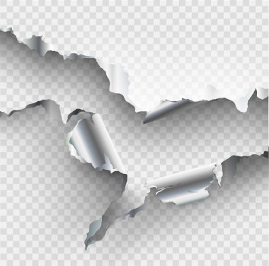 Şeffaf arka planda yırtık metal parçalarına ayrılmış bir delik. Vektör illüstrasyonu