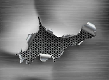 Çelik arka planda yırtık metal parçalarına ayrılmış bir delik. Vektör illüstrasyonu