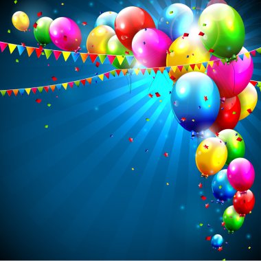 Colorful birthday balloons on blue background clipart