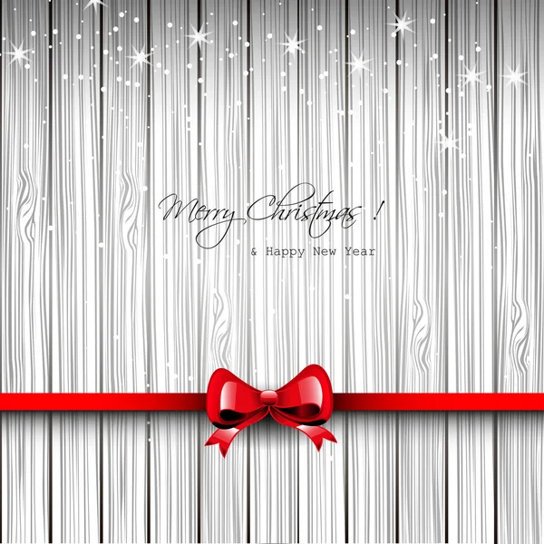 Christmas wooden card with red ribbon — Stock Vector