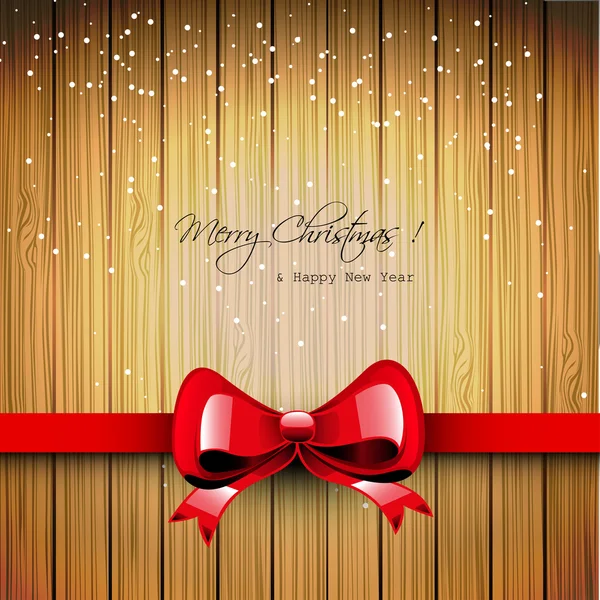 Tarjeta de felicitación de madera de Navidad con cinta roja — Vector de stock