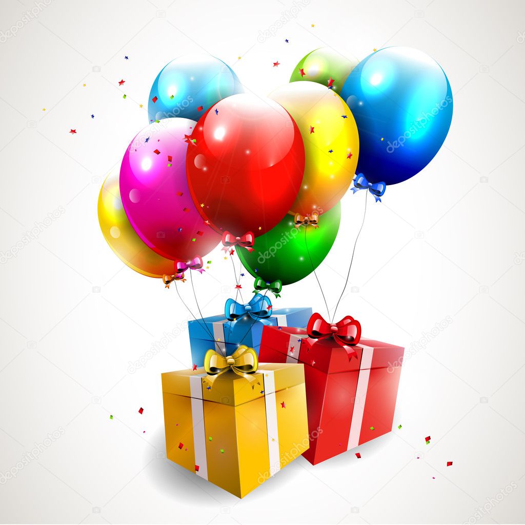 Flying colorful balloons with gifts