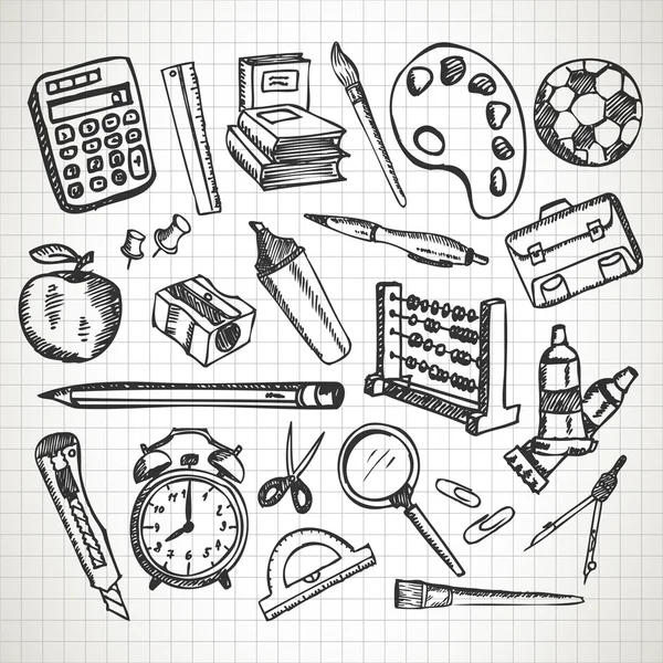 Set di materiale scolastico disegnato a mano — Vettoriale Stock