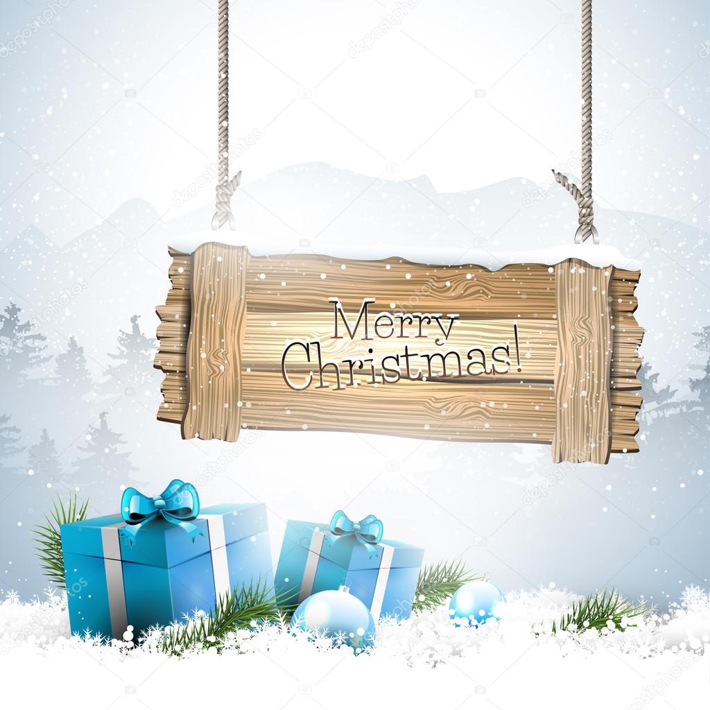 Christmas winter landscape with wooden sign