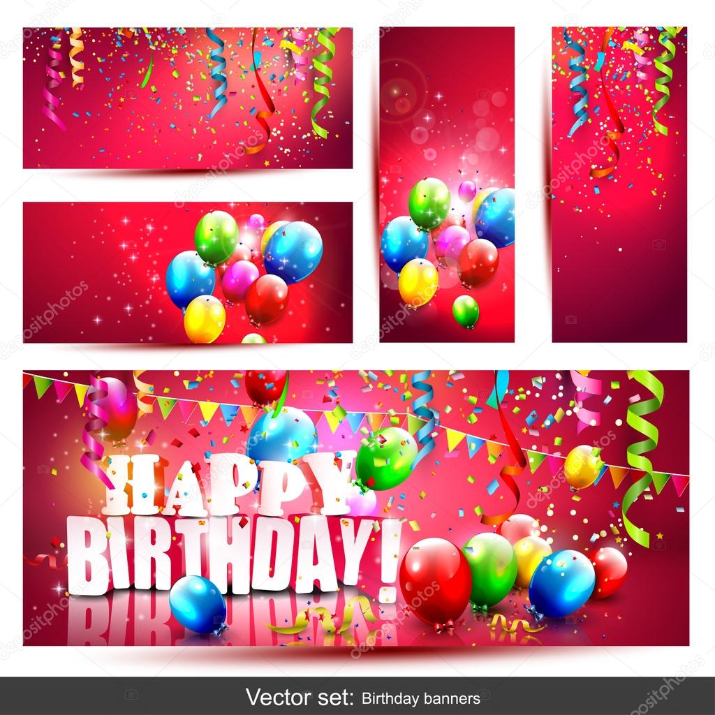 Vector set of five colorful birthday banners with confetti and balloons