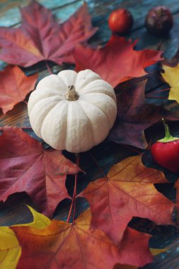 Kabak ve sonbahar yapraklı mevsimlik kompozisyon kırsal ahşap masa, cadılar bayramı veya şükran günü dekorasyonu arka plan, seçici odak