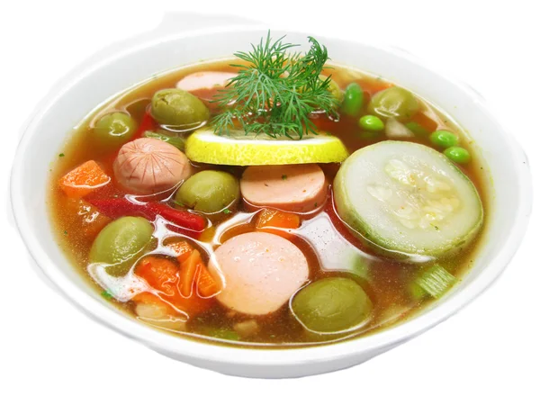 Sopa de legumes com salsicha e azeitonas — Fotografia de Stock
