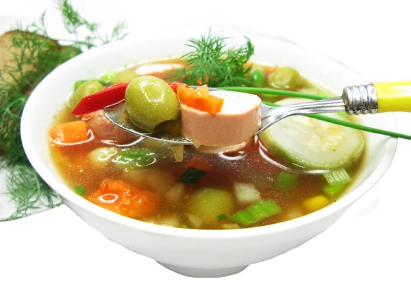 Vegetable soup with sausage and olives — Stock Photo, Image
