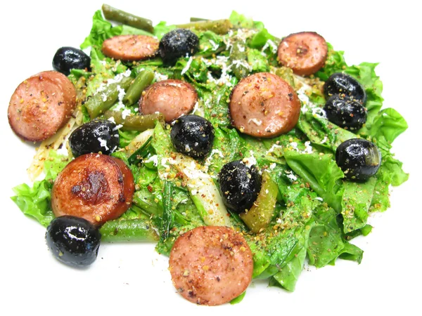 Greek hot salad with sausage and olives — Stock Photo, Image