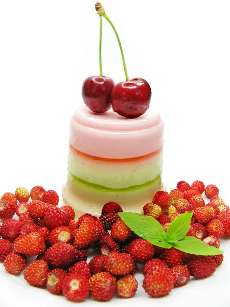 Dairy pudding dessert with wild strawberry berries — Stock Photo, Image