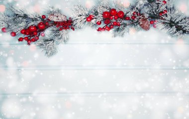 Kış Noel arkaplanı köknar dalları koniler ve mavi ahşap dokuda kar                              